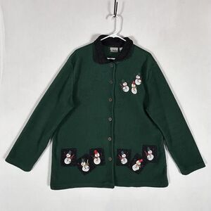 Baxter Wells Ugly Christmas Fleece Jacket Womens Large Snowman Button Up Collar